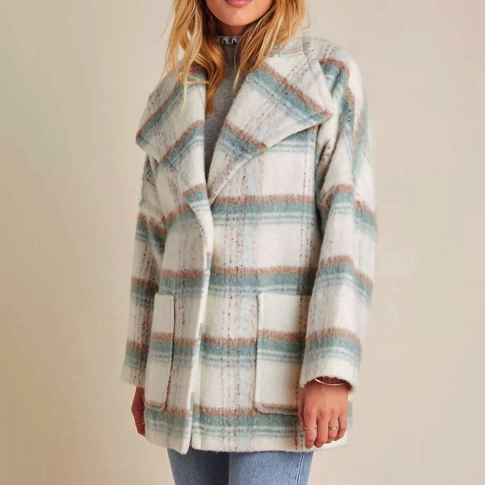 Anthropologie Cream Plaid Pea Coat with Blue and Tan Stripes